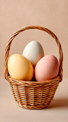 Wicker Easter Basket With Three Pastel Speckled Eggs On Beige Background. Easter Basket, Spring Decor.
