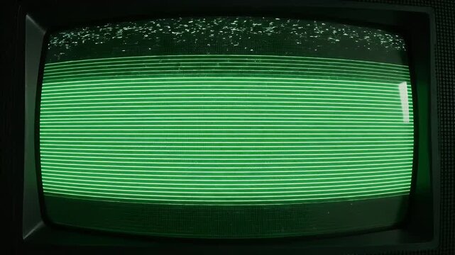Retro cathode ray tube screen displays a green image with horizontal lines and static