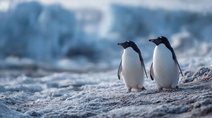 Fototapeta premium Two adorable penguins stand together on a frosty landscape, surrounded by a stunning icy backdrop bathed in soft blue hues.