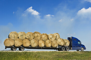 a truck loaded with round hay bales on a country road ,  Manitoba, Canada © Dave