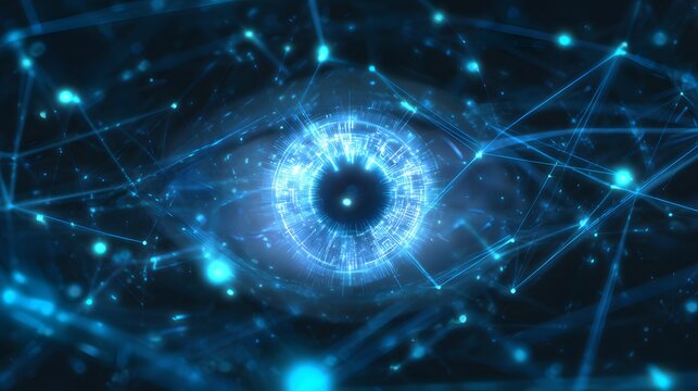 Glowing digital eye amidst vibrant data streams a futuristic secure network concept