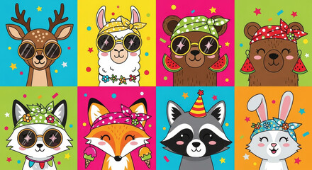 Obraz premium A playful collage of cartoon animals wearing sunglasses and accessories, each with unique personalities in vibrant colors, exuding fun and joy.