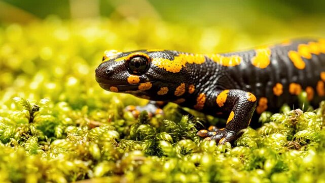 A salamander with distinctive black and yellow markings crawling on vibrant green moss from a close-up perspective.