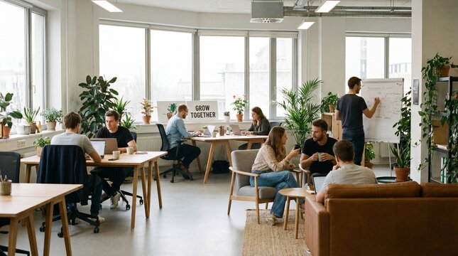 Modern office space with collaborative team working together