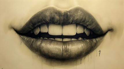 Fototapeta premium Close-up Graphite Drawing of Sensual Full Lips and White Teeth, Captured with Expressive Shading and Mysterious Dripping Details on Warm Beige Background