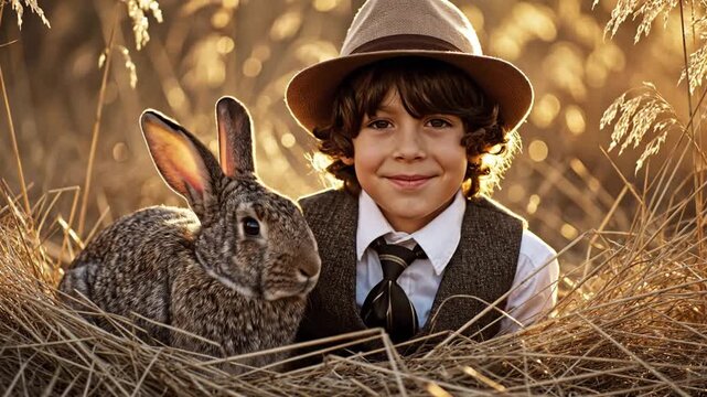 A young boy in a hat and vest sitting with a rabbit in a field of tall grass