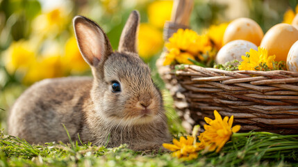 Fototapeta premium Cute fluffy baby bunny resting on green grass near a wicker basket filled with decorated eggs and bright yellow flowers in a sunny outdoor setting