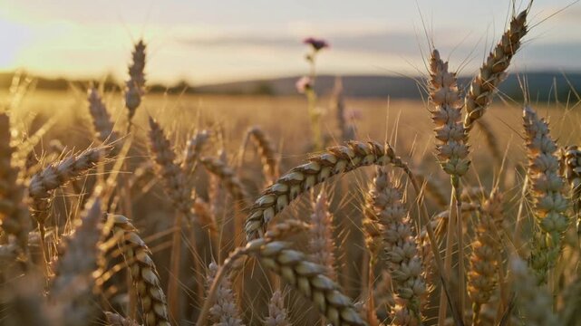 Close-up of ripe golden wheat ears in a field during sunset, warm natural light highlights the texture and details of the grain. Concept of agriculture, harvest, and nature.