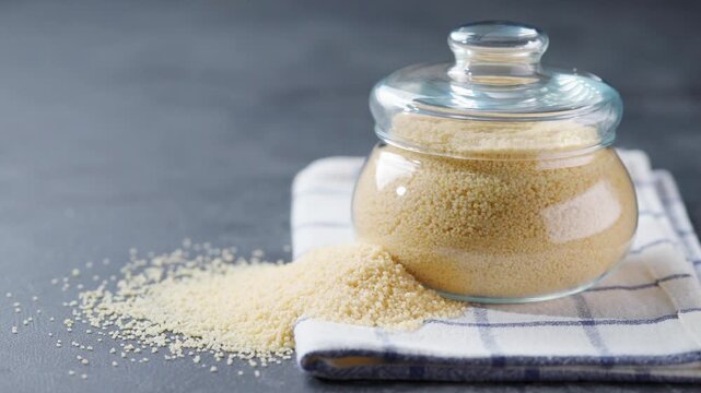 couscous in glass storage jar on a dark kitchen table.
Organic couscous in a storage glass jar on a black marble background.