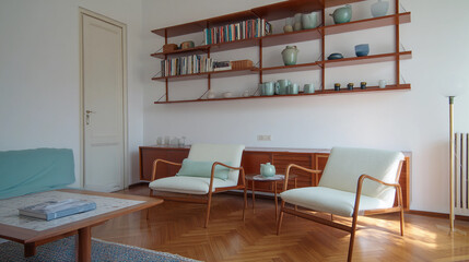 Restored wall unit showcases ceramics and books in modern room setting Generative AI