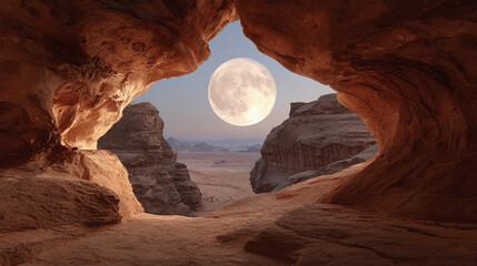 Stone archway shows full moon above desert landscape at night Generative AI