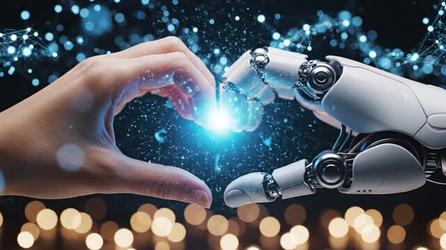A human hand and a robotic hand forming a heart shape with glowing blue light between them against a dark background with bokeh lights