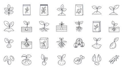 Obraz premium Seedling Growth Icons: Planting, Germination, and Sprout Development Stages
