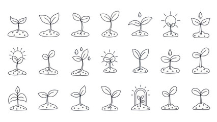 Seedling Growth Stages: Dotted Line Icons for Sprout Development and New Life