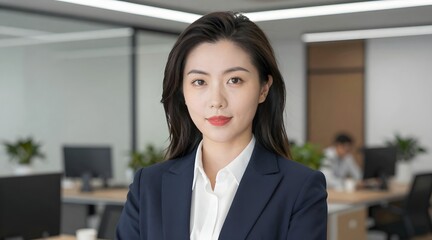 Obraz premium Confident young businesswoman in office attire poses in modern workspace