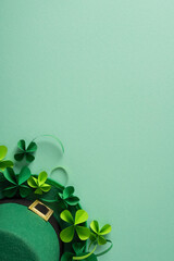 A vertical green hat with a gold buckle sits among shamrock leaves and clover decorations, evoking...