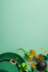 Naklejka premium Green vertical themed St Patrick's Day scene featuring a decorative green hat, shamrocks, and a pot of gold with coins, conveying luck, tradition, and Irish heritage for festive greeting