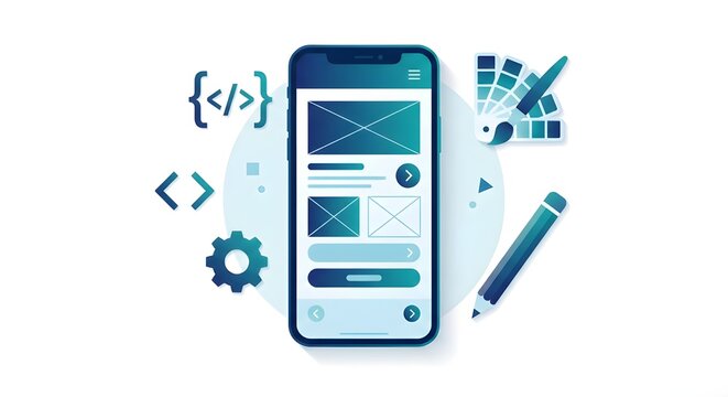 Mobile app design concept with smartphone and coding elements