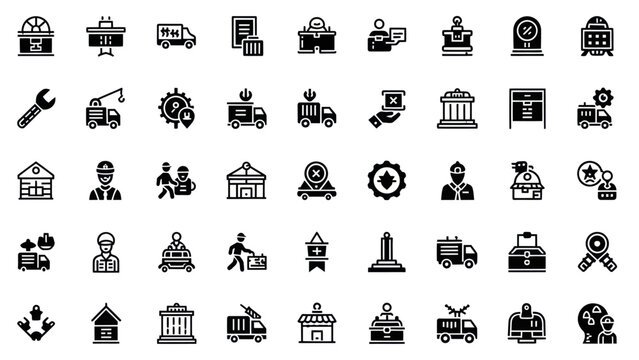 Logistics and Delivery Icons Set: Truck, Warehouse, Package, Map Pin, Tools, People