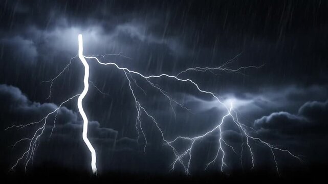 Dramatic lightning bolt strikes during a heavy thunderstorm and rain at night.