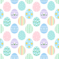 Seamless pattern with colorful Easter eggs, flowers, and chicks on a white background. Festive spring design.