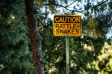 Yellow caution sign warns of rattlesnakes in a natural outdoor environment