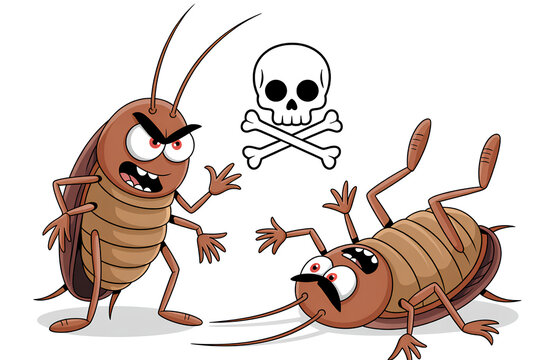 Two angry cartoon cockroaches with skull and crossbones symbol on white background