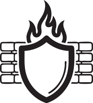 Shield with flames rising above a brick wall, symbolizing protection and danger together in a simple illustration