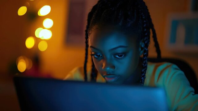 Young girl with braids looking at laptop screen at night, focusing on task. Modern technology usage concept.