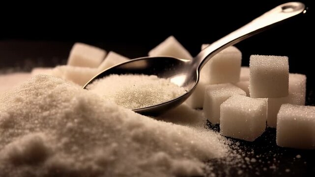 Metal spoon holding white granulated sugar, surrounded by scattered cubes on a dark background, representing excessive sugar consumption, addiction, and potential health dangers of high sugar intake.