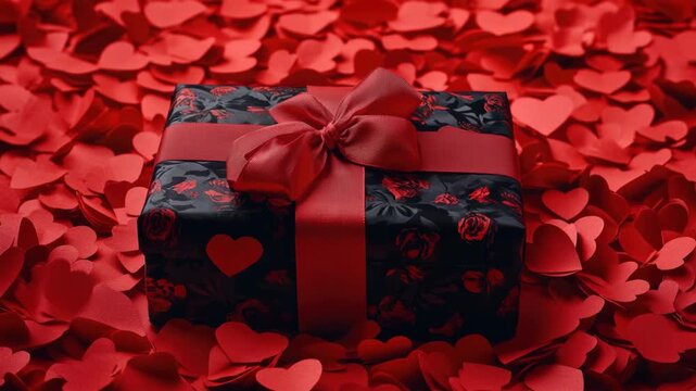 Red and black heart gift box on red confetti.