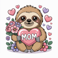 Naklejka premium A charming cartoon sloth holds a pink heart with the word 'Mom' written on it.