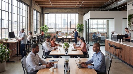 Modern office space with diverse team collaborating and working © zupra