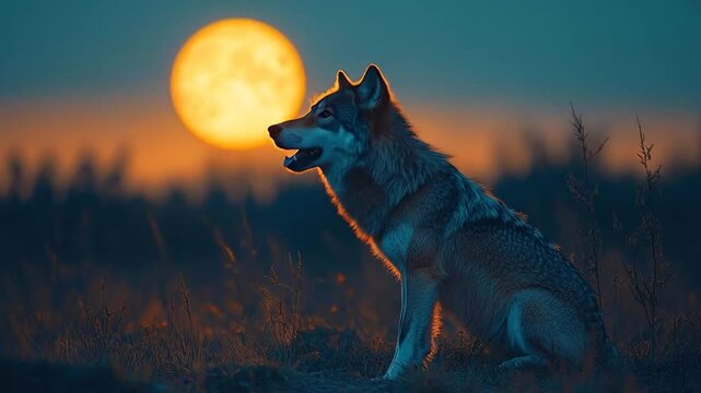 Majestic Wolf Silhouetted Against a Full Moon at Twilight.