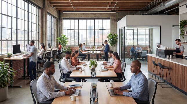 Modern office space with diverse team collaborating and working