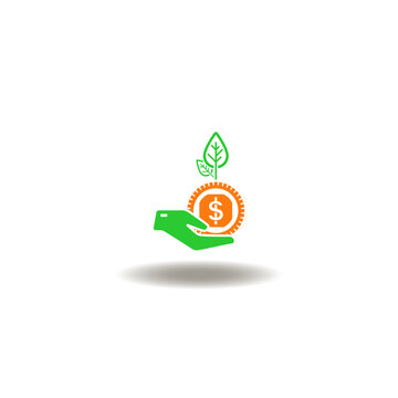 Vector illustration of hand hold coin dollar cash with green sprout grow. Symbol of grant funding. Icon of investments.