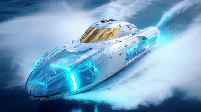 Futuristic deep-sea bathyscaphe submarine with glowing lights cruising underwater, ocean exploration and research concept
