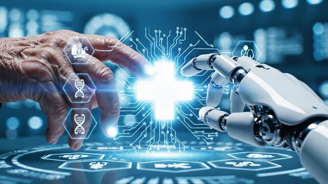 An elderly human hand and a robotic hand are reaching towards a luminous medical cross, set against a futuristic circuit board, symbolizing advanced ai collaboration in healthcare and