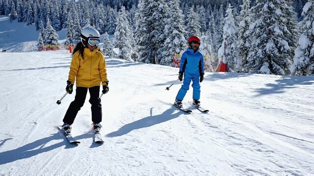 Two children skiing down a snowy slope, one in a yellow jacket and the other in blue, surrounded by evergreen trees and a clear blue sky