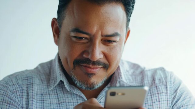Happy man focused on smartphone in hands.