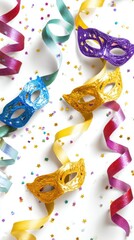 Obraz premium Colorful masquerade masks with ribbons and confetti for festive party celebration decor