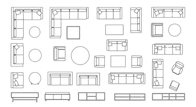Vector Top View Living Room Furniture Set Featuring Modular Sofas and Tables Line Art