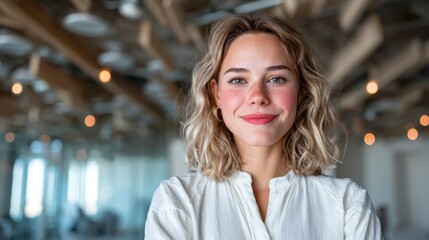 Obraz premium A young woman with a radiant smile showcases confidence and joy against a contemporary background, embodying positivity and success in a stylish and modern environment.