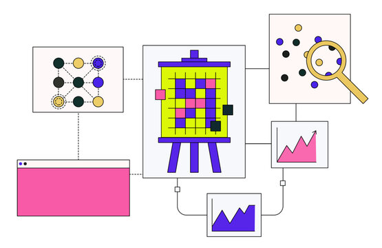 Network graph flowing into colorful dashboard easel with charts, magnifying glass on scattered data points, line graphs below. Conceptual vector artwork for data visualization, analytics dashboard.