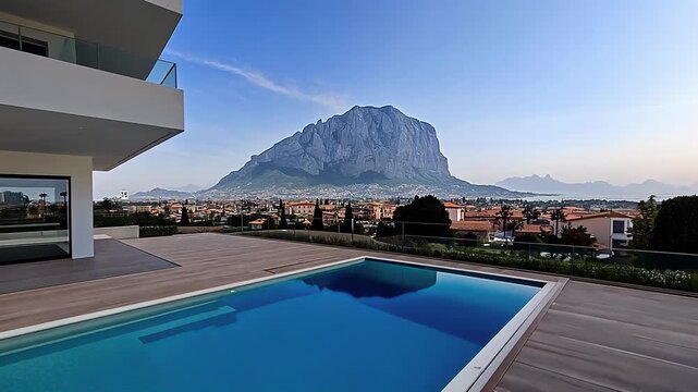 Asset name: luxury mountain resort with swimming pool overlooking village landscape