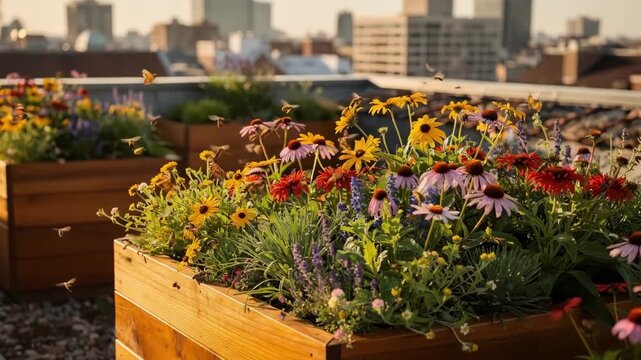 Focused view on structured wooden planters filled with colorful native plants pollinators buzzing rooftop garden oasis with an urban cityscape softly out of focus.
