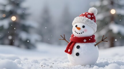 Obraz premium Festive snowman stands in the snow wearing a red scarf and hat in a winter wonderland