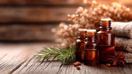A collection of amber glass bottles filled with essential oils set atop soft towels, surrounded by dried flowers and herbs, depicting a serene and soothing spa atmosphere.
