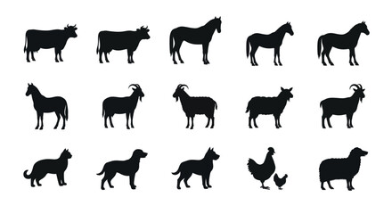 Fototapeta premium Black silhouettes of farm animals and pets on white background