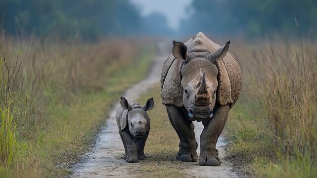 indian rhino calf walking with parent in kaziranga park video